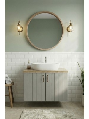 Banyo Dolabı-Asma 2 Kapaklı-Lavabolu-Ahşap-Mat Vizon-Ahşap Tezgah-Mdf 85 Cm-Aynalı