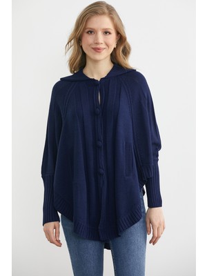 Sementa Polo Yaka Düğmeli Pelerin Hırka - Lacivert