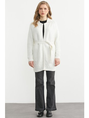 Sementa Polo Yaka Kemerli Yünlü Triko Hırka - Kemik