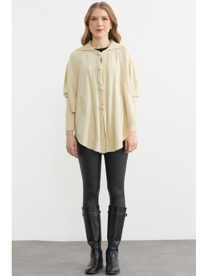 Sementa Polo Yaka Düğmeli Pelerin Hırka - Krem