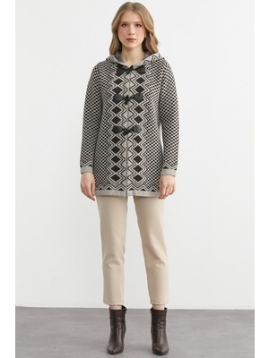 Sementa Etnik Desenli Kapüşonlu Yün Triko Ceket - Vizon - Kahverengi