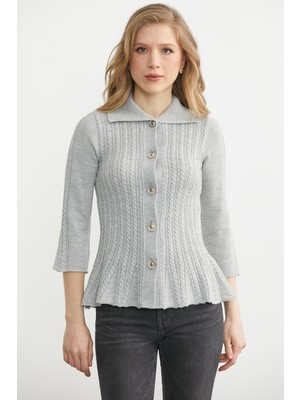 Sementa Geniş Kol Düğmeli Yünlü Triko Hırka - Gri