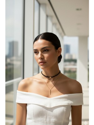 Ikili Katmanlı Siyah Zigzag Choker ve Gold Çubuk Kolye Seti - Minimalist Geometrik Boyun Takısı