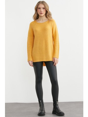 Sementa Yuvarlak Yaka Arkası Uzun Triko Kazak - Hardal