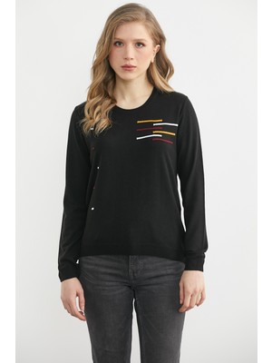 Sementa Yuvarlak Yaka Desenli Triko Kazak - Siyah