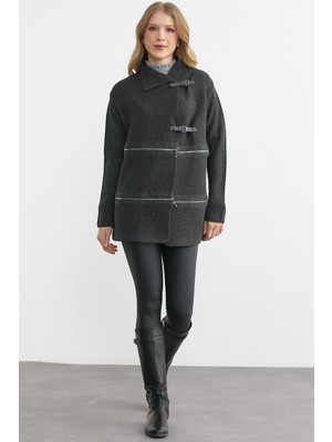 Sementa Fermuar Detaylı Kemer Tokalı Triko Ceket - Gri