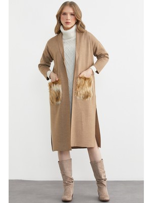 Sementa Şal Yaka Tüy Detaylı Cepli Uzun Ceket - Kamel