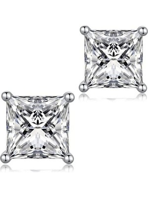 Normadia 7 mm Beyaz Kare Zirkon Taşlı 925 Ayar Gümüş Unisex Prenses Küpe (1 Çift)