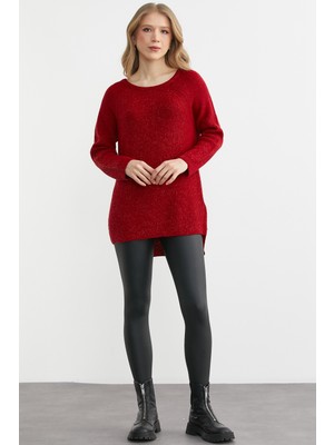Sementa Yuvarlak Yaka Arkası Uzun Triko Kazak - Kırmızı