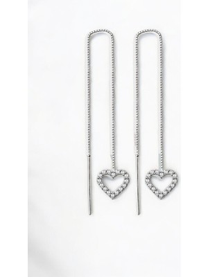 Normadia 925 Ayar Gümüş Kalp Zirkon Taşlı Zincirli Küpe, Şık Takı Hediye