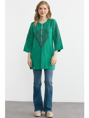 Sementa Yünlü Truvakar Kol Agraflı Triko Ceket - Yeşil