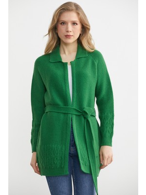 Sementa Polo Yaka Kemerli Yünlü Triko Hırka - Yeşil