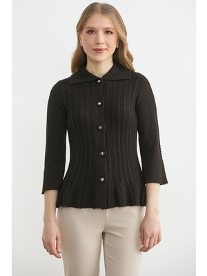 Sementa Geniş Kol Düğmeli Yünlü Triko Hırka - Kahve