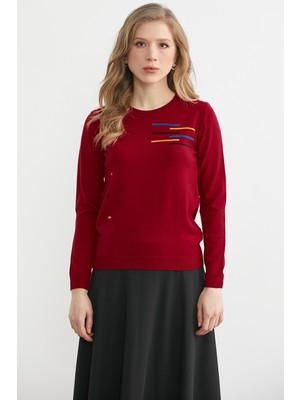 Sementa Yuvarlak Yaka Desenli Triko Kazak - Kırmızı