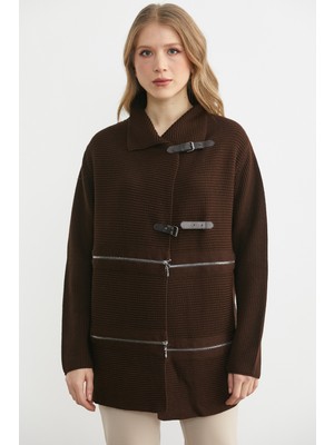 Sementa Fermuar Detaylı Kemer Tokalı Triko Ceket - Kahve