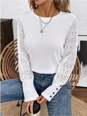 byasafkids Kadın Uzun Kollu Bisiklet Yaka Kolları Tüllü Waffle Bluz