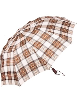 PremiumPort Şemsiye Kadın Ekose Desen Bej 10 Telli Fashion Favori