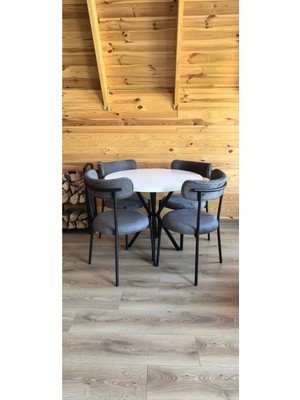 Decosense 4 Kişilik Modern 90 cm Yuvarlak Masa ve 4 Teddy Sandalyeli Mutfak Takımı Balkon Takımı Salon Takımı