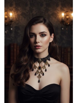 Antik Bronz Madalyonlu Siyah Dantel Choker - Çoklu Kristal Damla Sallantılı Barok Kolye