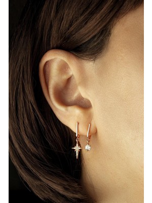 Normadia Parlak Yıldız Sallantılı Küpe, 925 Ayar Zirkon Taşlı, Rose Pembe Gümüş