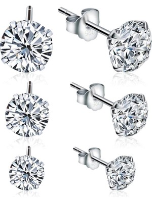 Normadia 3'lü Gümüş Küpe Seti, 4mm-6mm, Tek Taş, Yuvarlak Tırnaklı, Zirkon Pimli