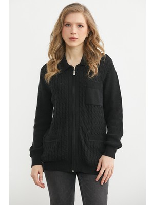 Sementa Polo Yaka Fermuarlı  Pamuk Triko Hırka - Siyah