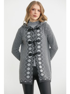 Sementa Etnik Desenli Kapüşonlu Yün Triko Ceket - Koyu Gri - Açık Gri