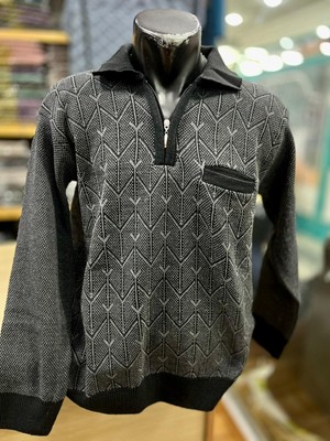 TCR Erkek Triko Yarım Fermuarlı Cepli Desenli Kazak