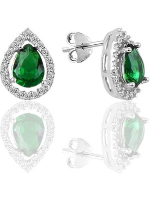 Normadia Parlak Gümüş Rodyum Kaplamalı Zümrüt Taşlı Damla Küpe