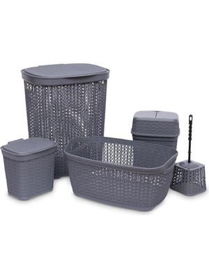 Hepta Collection Miss Collection 5'li Hasır Desenli Set - Kirli Sepeti+Çamaşırlık+Deterjanlık+Çöp Kovası+Wc Fırça Ant