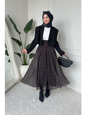Tesettür Diyarı Noram Ekose Desen Astarlı Tül Tesettür Etek- Siyah