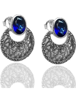 Normadia Şık Kadın Gümüş Safir ve Markazit Taşlı Küpe, Zarif Takı Hediye