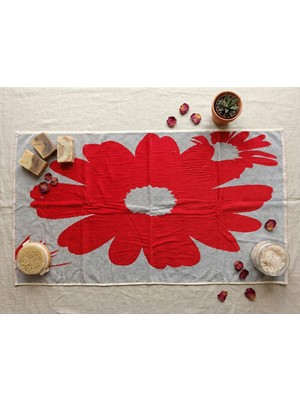 Orbit Premium %100 Pamuk Kadife Dokulu Banyo Havlusu 70X140 cm - Gri Zemin Üzeri Dev Kırmızı Çiçek Desenli Lüks Havlu
