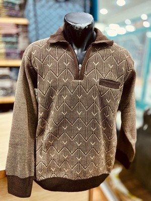 TCR Erkek Triko Yarım Fermuarlı Cepli Desenli Kazak