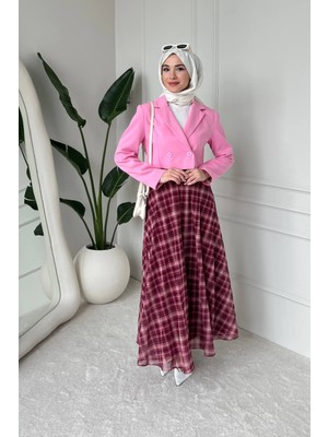 Tesettür Diyarı Noram Ekose Desen Astarlı Tül Tesettür Etek- Bordo