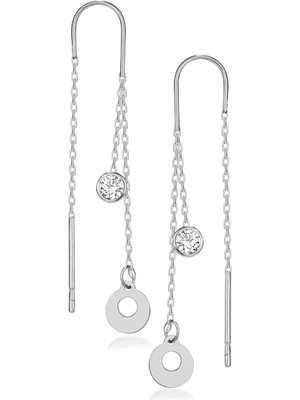 Normadia Gümüş Rodyum Tek Taş Zincirli Küpe, Zarif ve Şık Takı Parçası