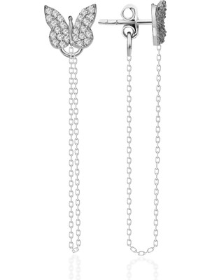 Normadia 925 Ayar Rodyum Gümüş Kelebek Zincir Küpe, Şık ve Zarif Tasarım