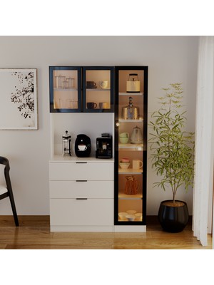EVDEMO Sierra Temperli Cam 3 Kapaklı Ledli Kahve Köşesi Mutfak Kiler Dolabı Beyaz