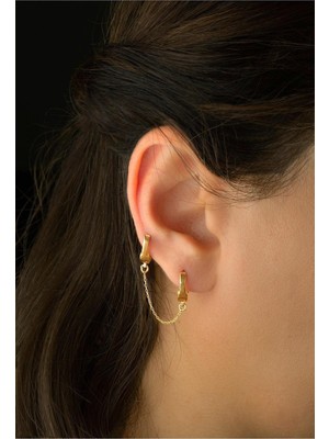 Normadia Yuvarlak Tek Kulak Zincirli Gümüş Küpe, Sarı Gold Detaylı, Şık ve Modern