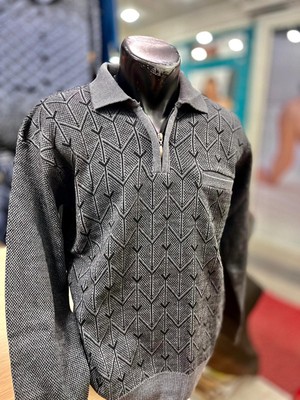 TCR Erkek Triko Yarım Fermuarlı Cepli Desenli Kazak