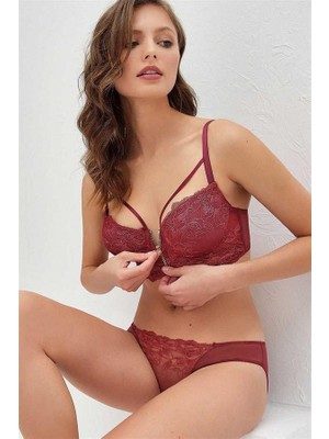 Red Womans Balenli Destekli Dolgulu Yaka Detaylı Fermuarlı Dantelli Büstiyer Sütyen ve Slip Takım