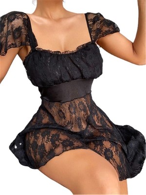 Red Womans Alt Kısmı Tül Üst Kısmı Jarse Mini Fantazi Siyah Gecelik