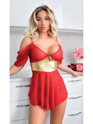 Red Womans Sarı Kuşak Detaylı Fantezi Kırmızı Gecelik