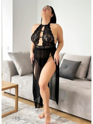 Red Womans Büyük Beden Siyah Uzun Derin Dekolteli Dantel Işlemeli Fantezi Gecelik