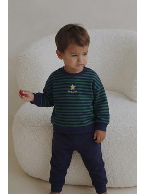 Cigit Çizgili Triko Erkek Bebek Takım 0-3 Yaş Haki Lacivert Çizgili