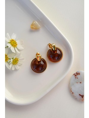 Normadia Vintage Kahverengi Kehribar Görünümlü Çelik Küpe, Şık ve Zarif Tasarım