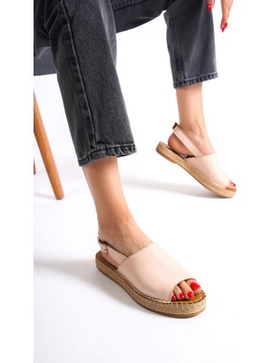 Mubiano Hakiki Deri 601-PD Pudra Kadın Espadril Sandalet & Terlik