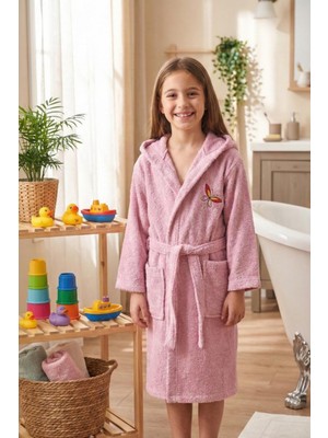 Hera Textile Kapüşonlu ve Kemerli Pamuklu PEMBE Erkek-Kız Genç Çocuk Bornozu(PAMUKLU-KELEBEK NAKIŞLI-YUMUŞAK)