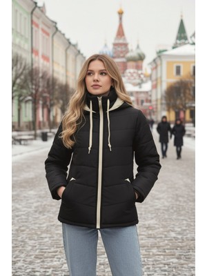Barbora Siyah Kapüşonlu Kışlık Kadın Şişme Kısa Mont Su İtici Özellikli Günlük Kullanım İçin