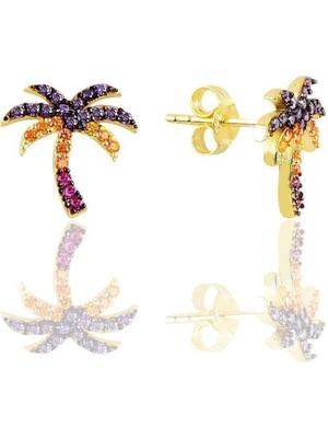 Normadia Gümüş Renkli Taşlı Palmiyeli Şık Küpe, Zarif Takı Tasarımı